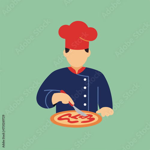 Flat illustration of a chef spreading sauce on a pizza