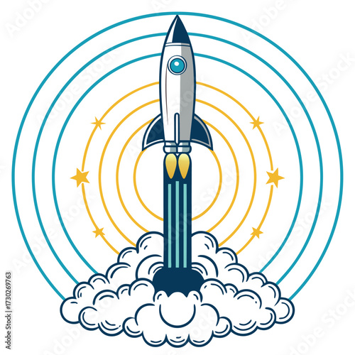 A cartoon rocket launching into space with stars and rings around it.