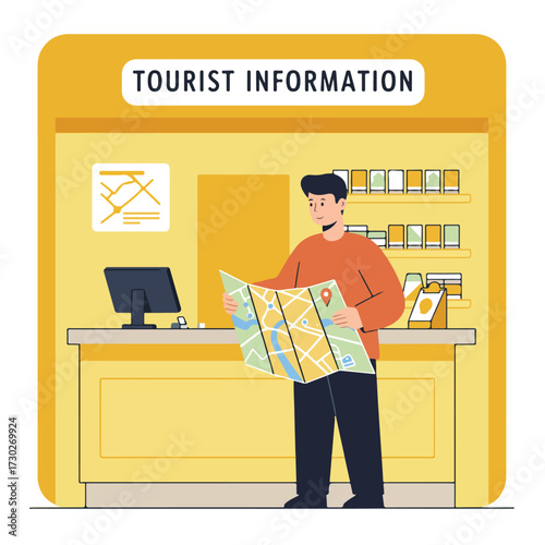 Man studies a map at tourist info; yellow-toned, minimalist illustration