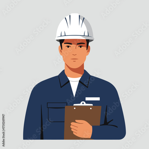 Builder in hardhat with clipboard and blue uniform on neutral background