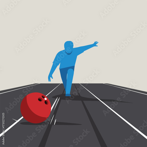 Bowler releases a red ball down lane, arms out for balance in retro style