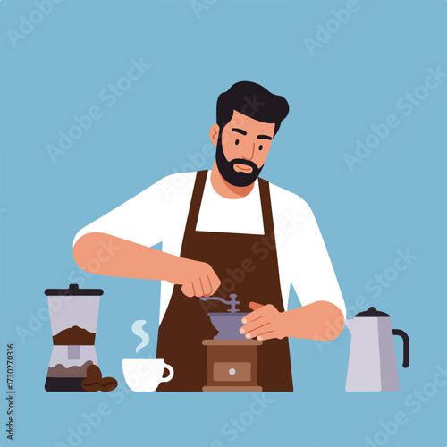 Barista grinding coffee with manual grinder, preparing brew and hot water kettle