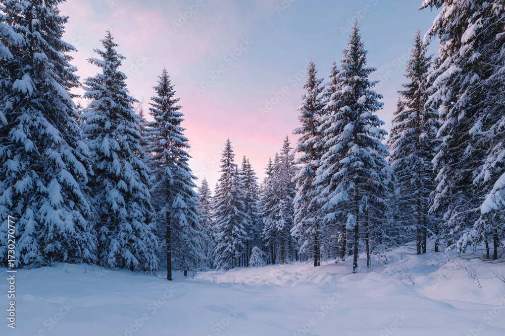 Naklejka premium Snowy forest at sunrise during the Christmas season Generative AI