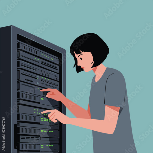 Woman checks server rack