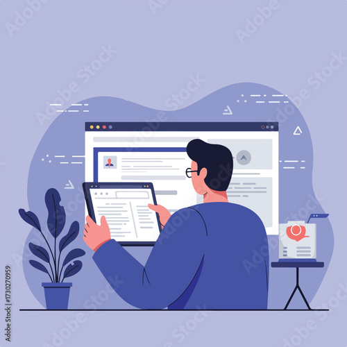 Man with tablet facing larger webpage, plant, table, soft blue background