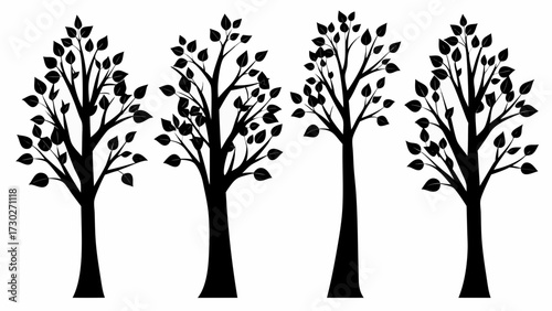Elegant black silhouettes of trees with leaves, perfect for nature-themed designs, environmental projects, and modern minimalist decor, creating a stylish visual appeal