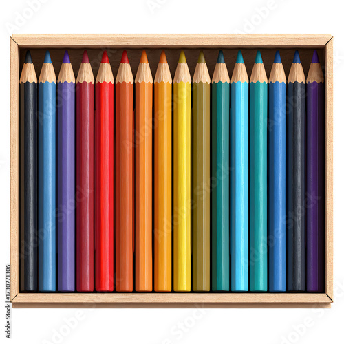 Colorful colored pencils in wooden box isolated on transparent background