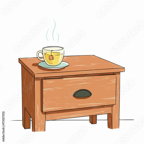 Hot tea cup on wooden nightstand with drawer  