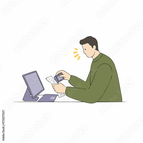 Man scanning receipts for taxes at desk with laptop and documents  