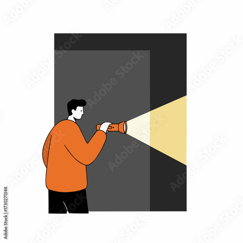 Man exploring dark room with flashlight in modern style  