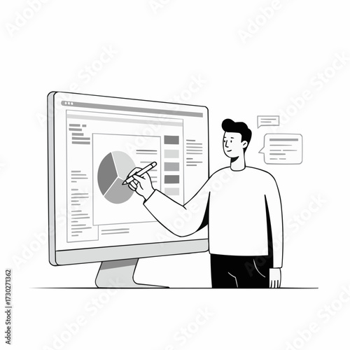Man presenting data on large monitor with stylus and notes