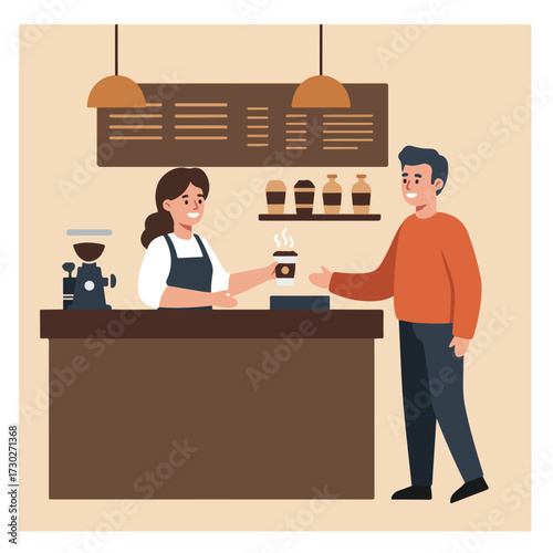 Coffee shop scene with barista handing hot beverage to customer at counter