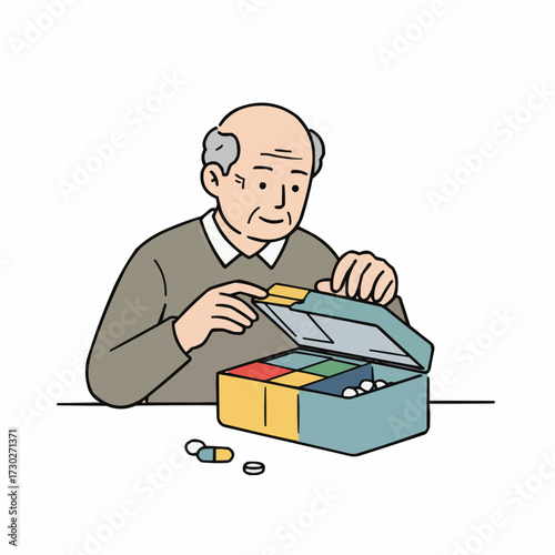 Elderly man organizing medication in a pill organizer with focus  