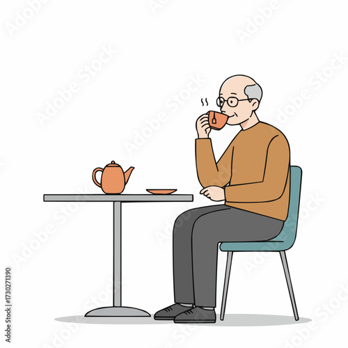 Elderly man sipping tea alone at a table in a cozy setting  