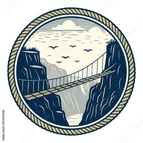 Circular illustration of a rope bridge spanning a gorge with birds flying.