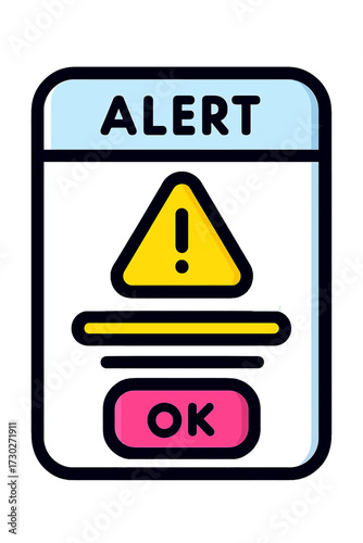 Modern digital alert notification dialog box, featuring a bold 'ALERT' title, a prominent yellow warning icon with an exclamation mark, and a pink 'OK' button for user acknowledgment and action.