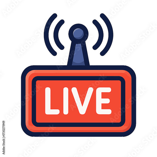 Bright 'LIVE' broadcast icon: red rectangular sign, white text, blue antenna with signal waves. Ideal for streaming, webcasts, online events, real-time video, social media, digital content, and active