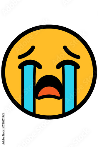 Highly emotional vector illustration of a deeply distressed and heartbroken yellow emoji face with large blue tears streaming down, depicting overwhelming sorrow, profound sadness, and intense emotion