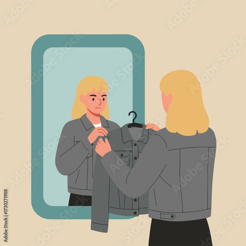 Woman holds grey jacket up to mirror