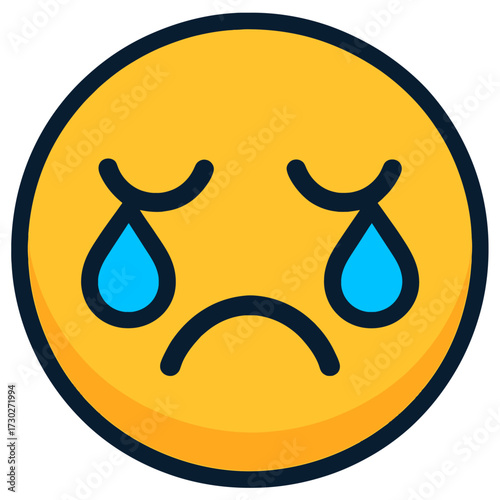 Yellow crying face emoji, blue teardrops from eyes, downturned mouth, clearly expressing deep sadness, distress, sorrow, heartbreak, grief, suitable for emotional communication in social media, messag