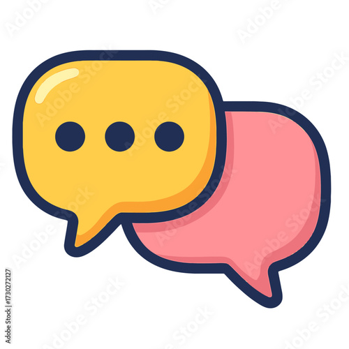 Two overlapping speech bubbles, one yellow with an ellipsis, one pink, outlined in dark blue on a dark background. This communication icon symbolizes instant messaging and digital conversations perfec