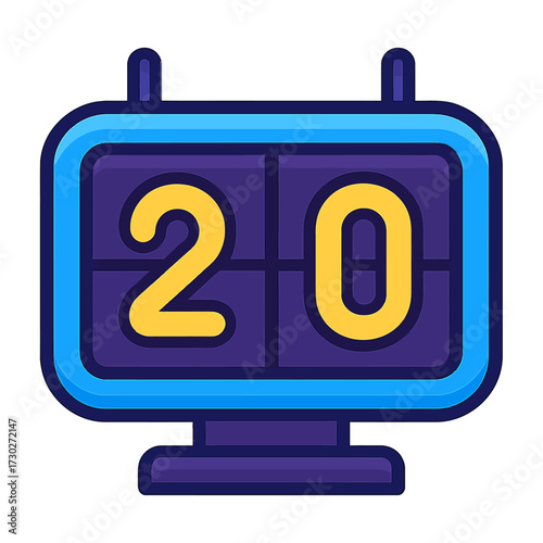 Sleek digital scoreboard icon, vibrant yellow '20' on deep indigo, framed by a glowing neon blue border. Perfect for sports, games, timers, milestones, anniversaries, or modern UI. Represents progress