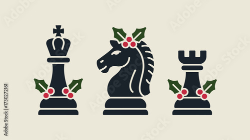 Three chess pieces decorated with holly and berries on a light beige background in a flat design style