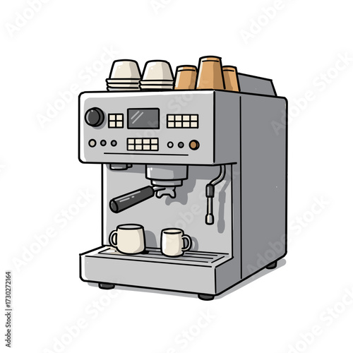 Coffee machine with cups ready for brewing espresso in a cafe  