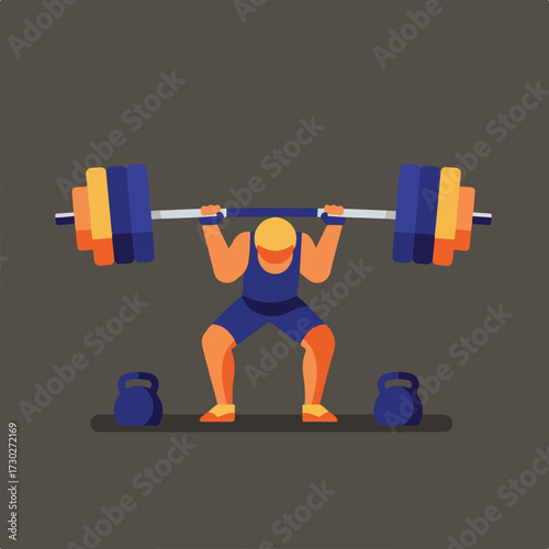 Weightlifter squatting with barbell, kettlebells nearby