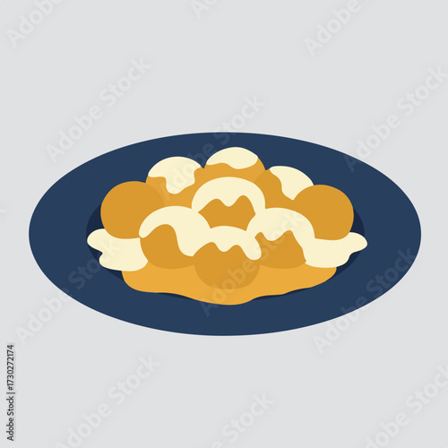Fried dough balls drizzled with cream sauce on a dark blue oval plate