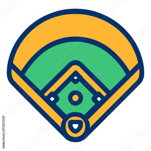 Stylized Baseball Field Icon. Green infield, yellow outfield, blue lines. Vector graphic with home plate, pitcher's mound, and bases. Ideal for sports branding, game design, digital assets, web & mobi