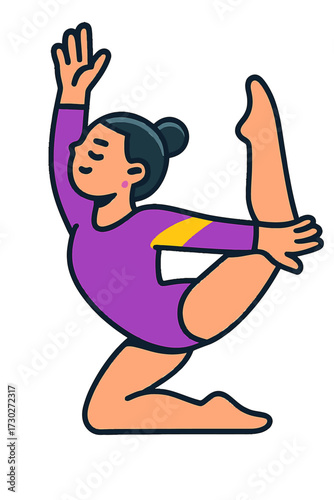 Vibrant minimalist cartoon illustration of a female gymnast in a purple leotard with yellow accent, demonstrating incredible flexibility with a graceful backbend and one leg elevated, hand holding foo