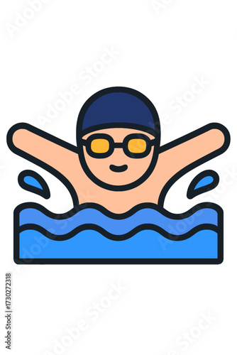 Vibrant cartoon swimmer in blue water with cap and goggles, making splashes. Joyful aquatic icon for sports, fitness, summer, and healthy lifestyles. Ideal for web, apps, digital media. A truly charmi