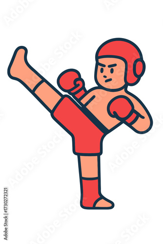 Dynamic cartoon kickboxer delivers a powerful, high-energy leg kick, showcasing stylized martial arts action, perfect for engaging sports and fitness-themed designs, a vibrant vector illustration with