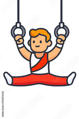 Cartoon male gymnast executes straddle split on gymnastic rings, highlighting exceptional strength, flexibility, and precise balance. Ideal for artistic gymnastics, fitness, and sports themes, showcas