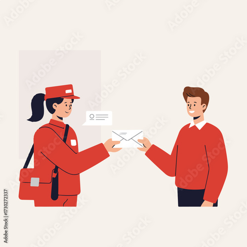 Mail carrier gives letter to man in red, illustration