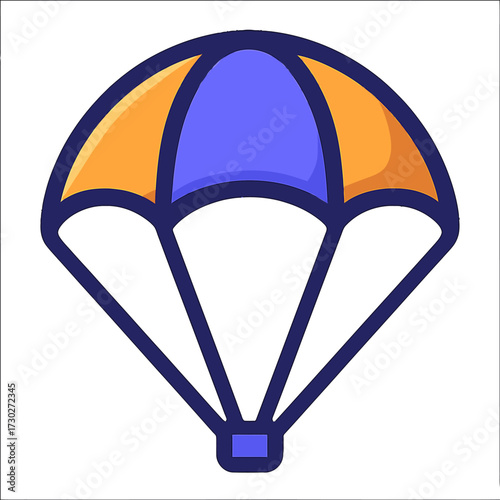 Blue and Orange Parachute Icon Vector – Modern Flat Design Graphic for Skydiving, Adventure Sports, Aerial Delivery, Safety, and Freedom Concepts. Stylized Canopy with Dark Outlines, Ideal for Digital