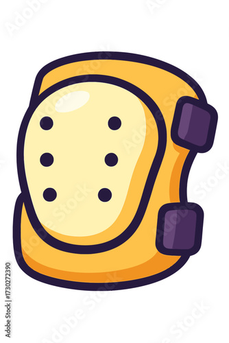 Bright yellow protective knee pad icon for sports safety gear design. Modern flat style cartoon illustration of essential athletic equipment. Durable joint protection for skateboarding, rollerblading,