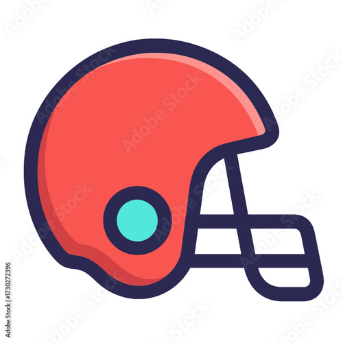 Stylized coral-red American football helmet illustration. Dark blue face mask, outlines, turquoise side accent. Modern minimalist graphic. Player safety, gridiron protection, athletic spirit. Ideal di
