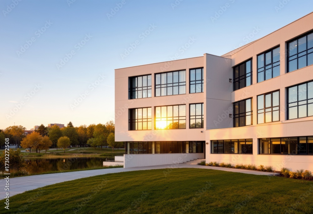 Obraz premium Modern corporate headquarters building with sleek architecture at sunset