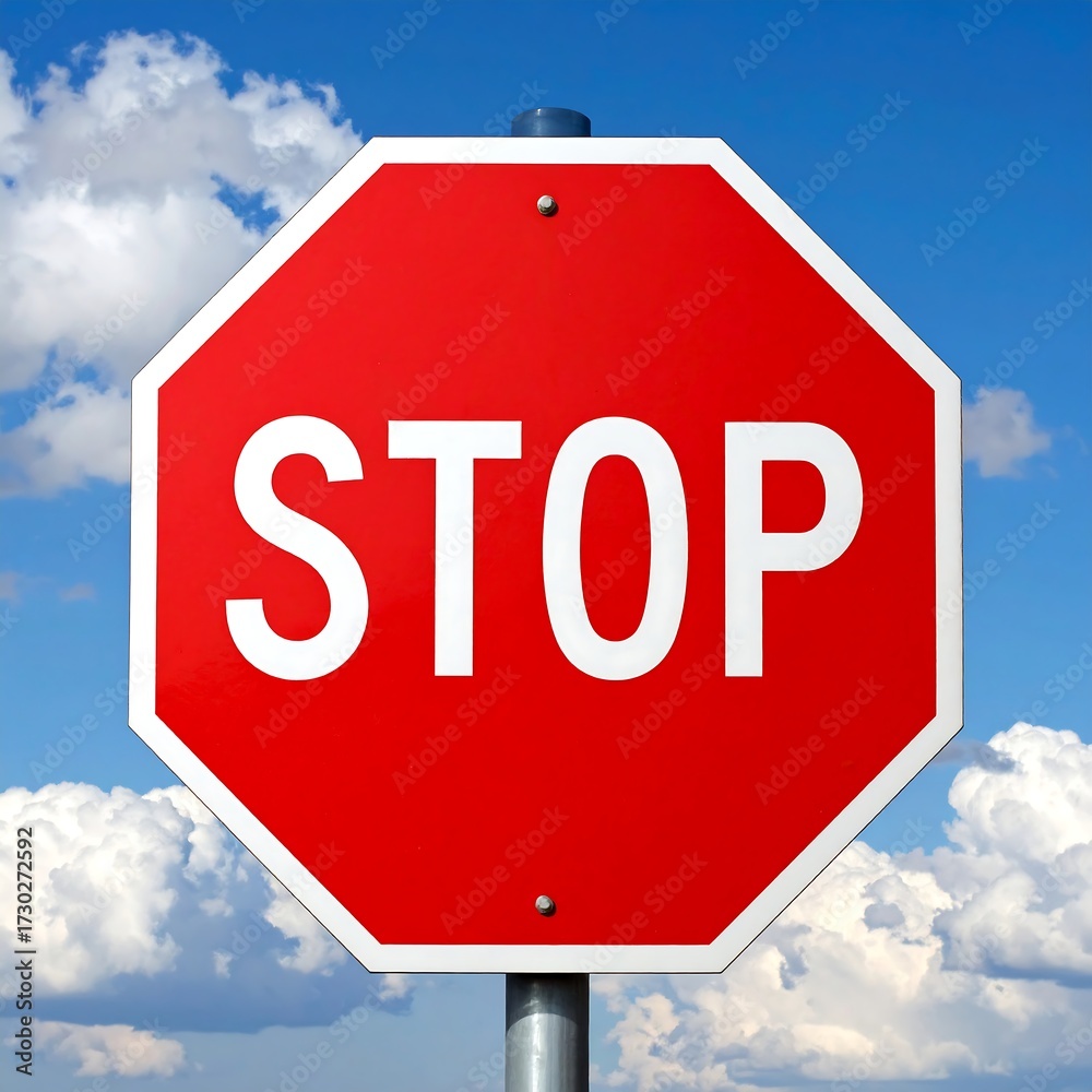 Obraz premium Octagonal red sign against a blue sky with fluffy white clouds; it displays the word 