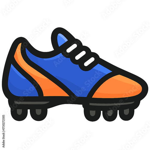 Vibrant blue and orange soccer cleat icon. Dynamic football boot illustration, essential athletic footwear. Features robust studs, symbolizing peak speed, agility, pro performance on pitch. Ideal for