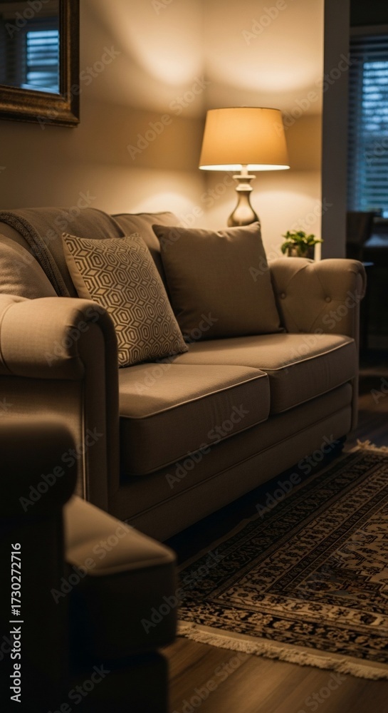 Fototapeta premium Illuminated living room featuring a beige sofa with decorative pillows and a patterned rug on the floor