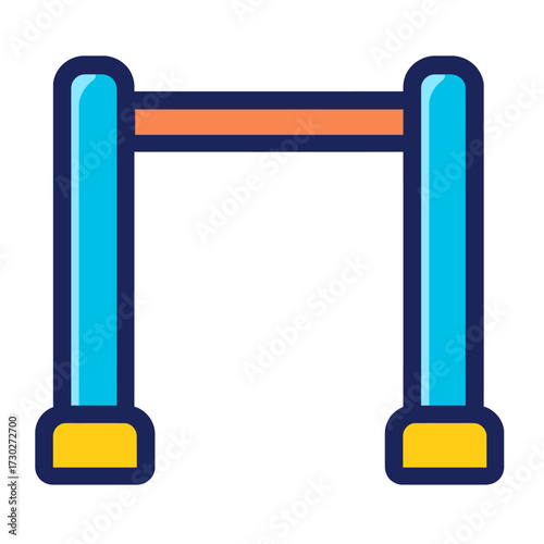 Vibrant abstract illustration of a modern, sleek archway structure featuring two prominent vertical blue pillars, a bright orange connecting crossbar, and distinct yellow foundational bases, set again