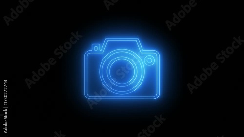 Glowing neon camera icon against a black background.