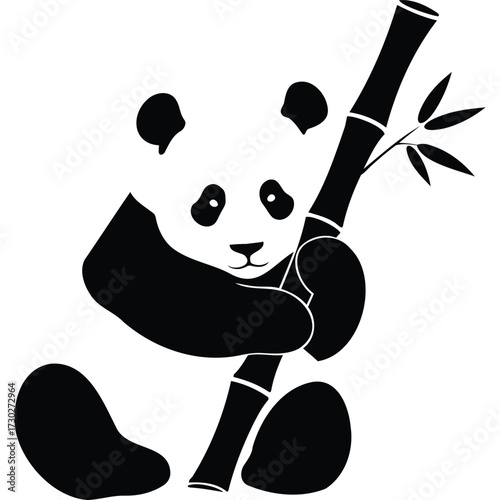 A panda illustration holding a bamboo stalk in black and white simple design with a cute and friendly face silhouette