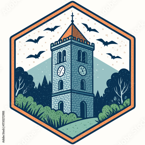 A hexagonal emblem features a stone clock tower surrounded by trees and bats.
