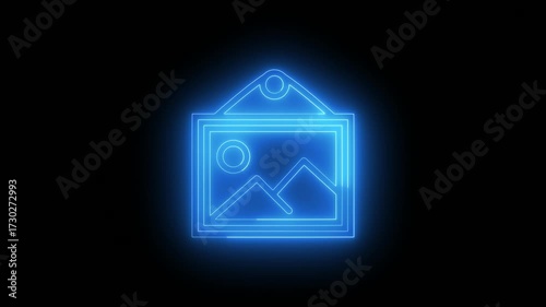 Glowing neon art of a picture frame with a landscape on a black background.
