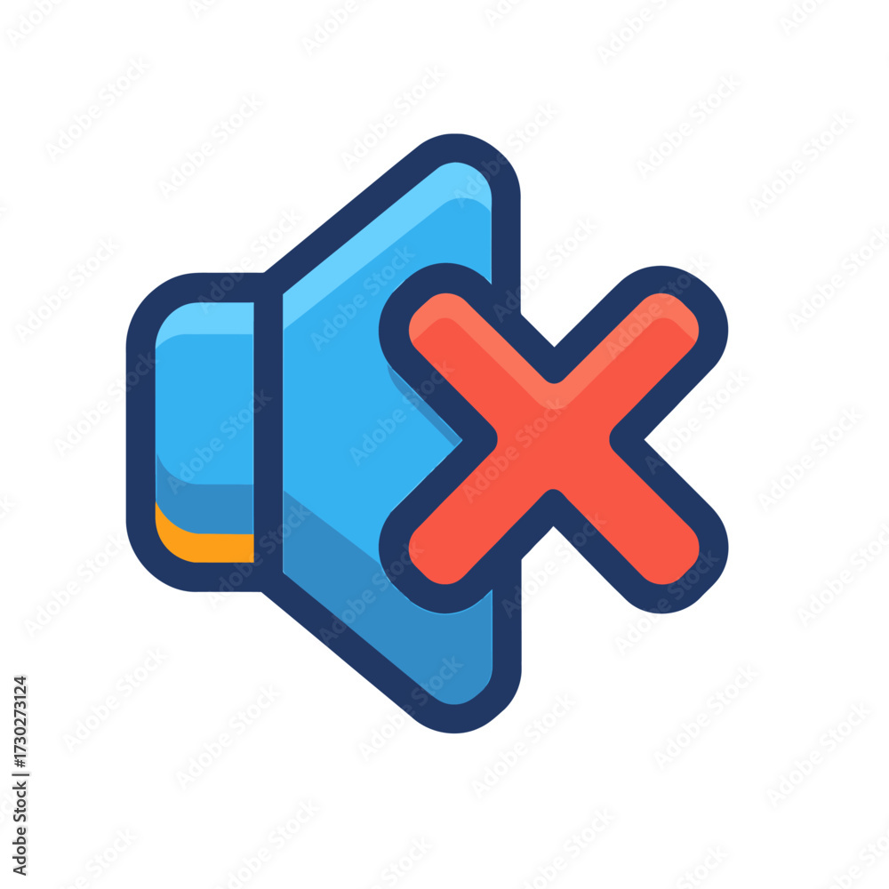Fototapeta premium Vibrant blue speaker icon with red 'X', symbolizing mute or no sound. Essential for UI/UX designs, app controls, and web elements. Clearly indicates silenced media playback, volume off. Intuitive visu