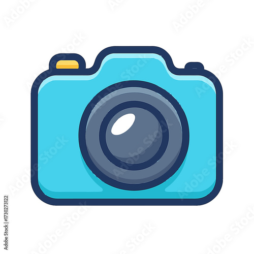A vibrant, cartoon-style digital camera icon in a cheerful sky blue hue, featuring a prominent dark gray lens and a bright yellow shutter button. Its sleek, modern, and minimalist design with a soft g